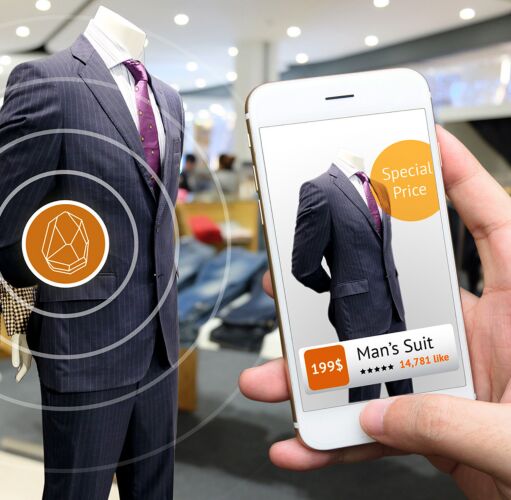 suit in store windows and cell phone, as example of AR shopping and to visualize the future in ecommerce