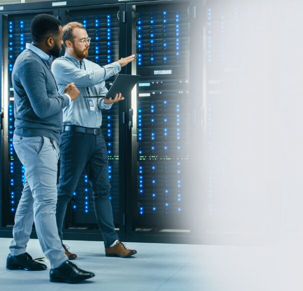 2 people in front of server racks, mood image for section master data modelling