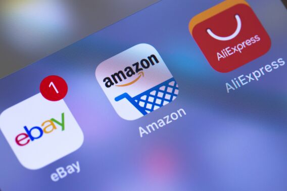 app icons of the ebay, amazon and alibaba to visualize that ecommerce should be more then selling on large shopping platforms