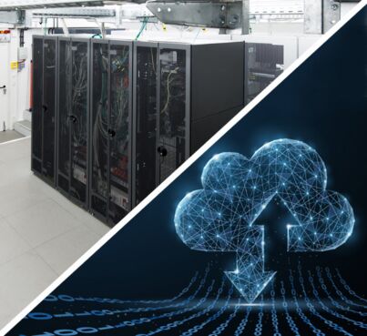 image of the server racks and abstract cloud image to visualize that you can and should have on premise it and cloud services peacefully side by side